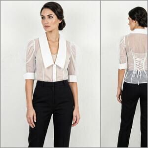 Anne Fontaine Candide 3/4 Blouse Sheer Mesh Puff Sleeve lace up back sz 38